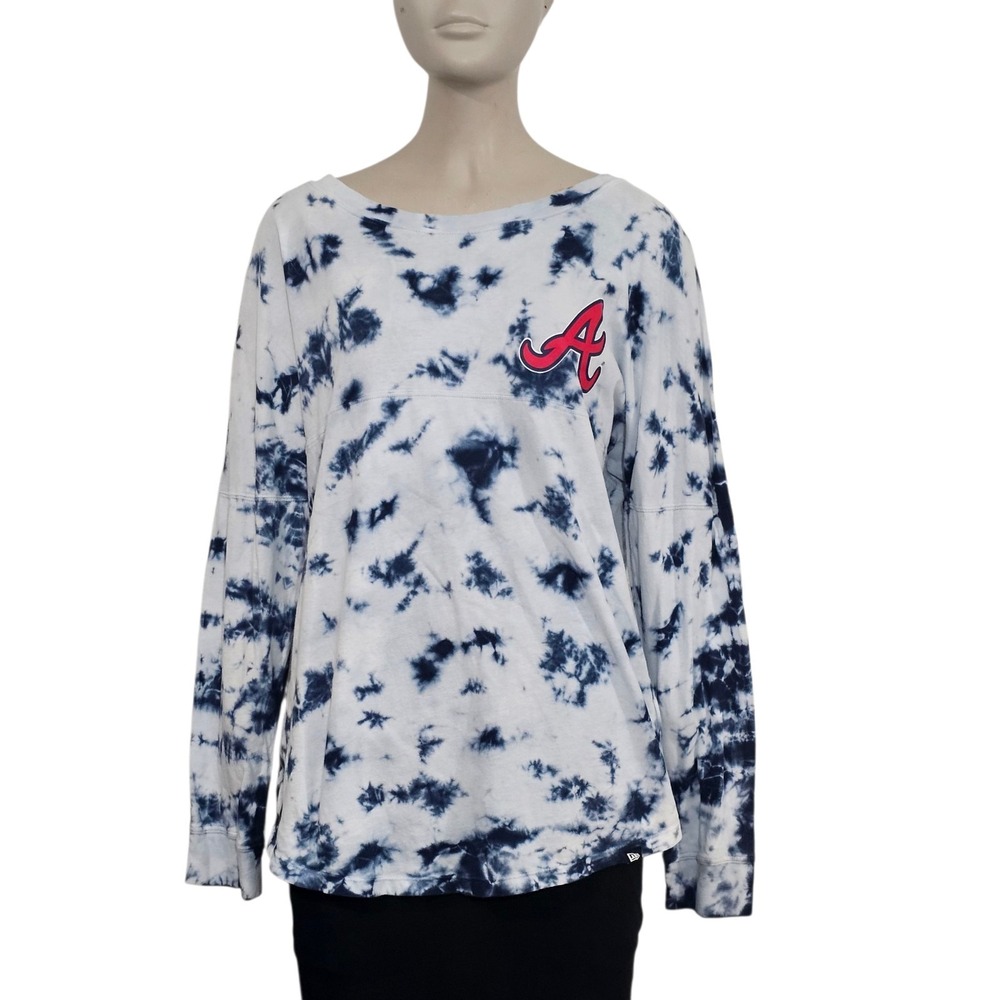 Atlanta Braves Women's T-shirt Sz L New Era Tie-dye Long Sleeve Blue/white